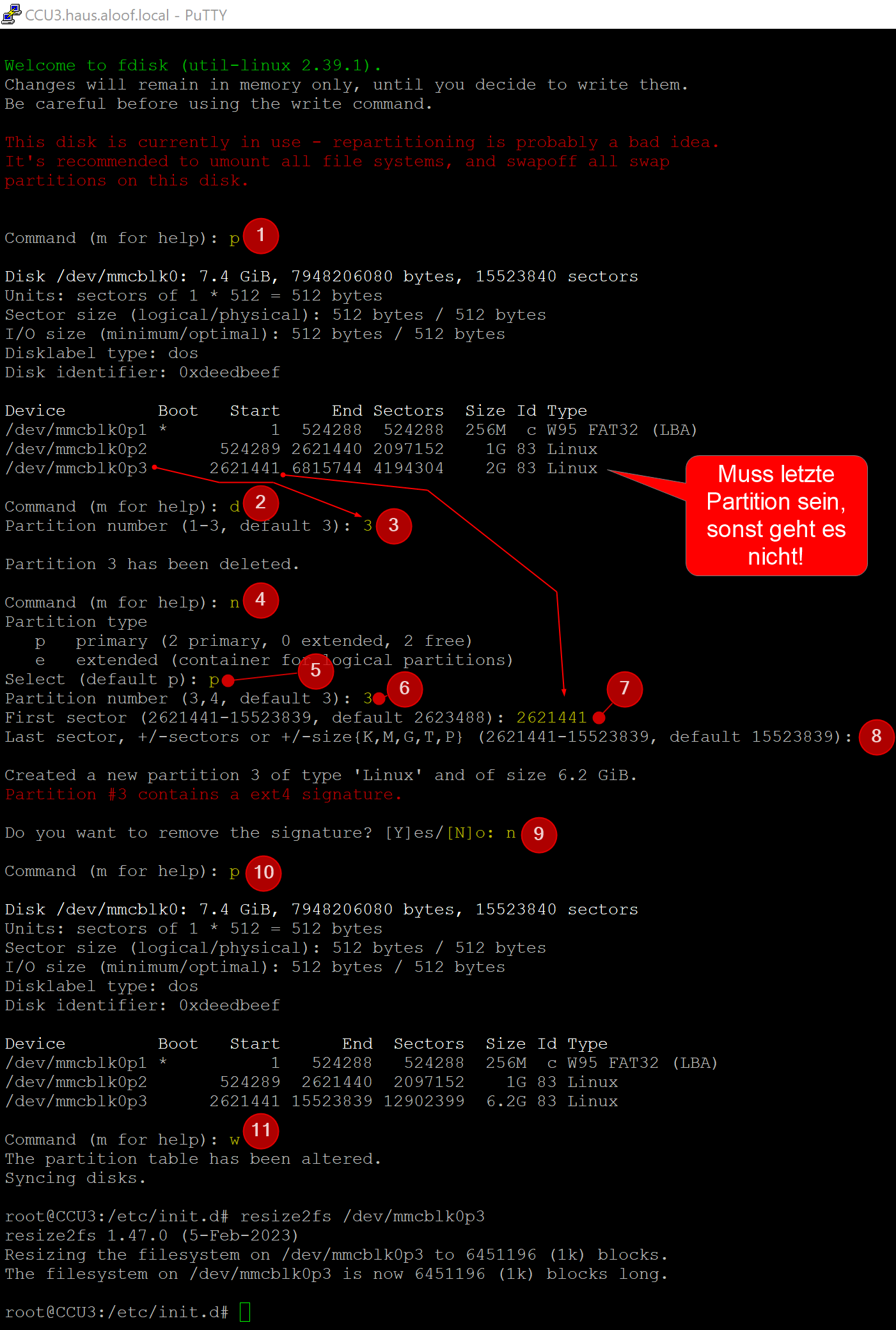 fdisk und resize2fs SSH-Sitzung